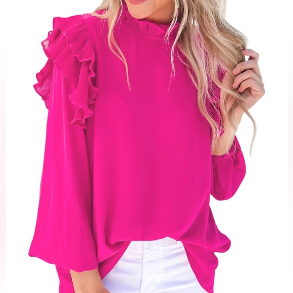 🔥🔥Rose Button Keyhole Back Pleated Ruffled Blouse - Picture 5 of 5